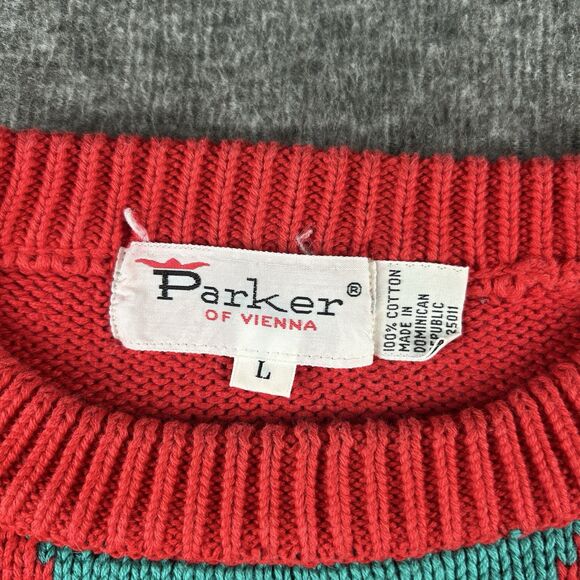 Vintage Parker Of Vienna Pullover Sweater Mens Sz L Red Geometric 100% Cotton - Picture 4 of 9